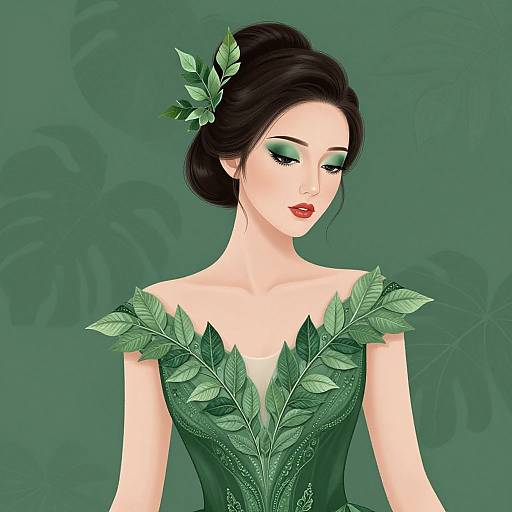 Digital illustration of a fair-skinned woman with black hair in an updo, adorned with green leaves, wearing a green leafy dress, against a