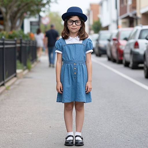 Photograph of a young girl with glasses, wearing a blue denim dress, white collar, black hat, and black Mary Jane shoes, standing on a