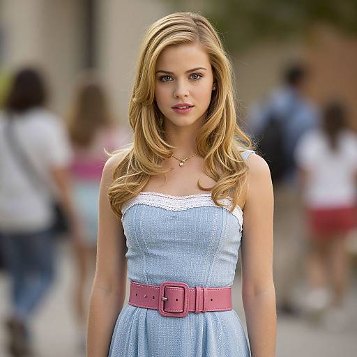 Photograph of a blonde woman with wavy hair, wearing a light blue dress with white lace trim and pink belt, standing outdoors with blurred background of