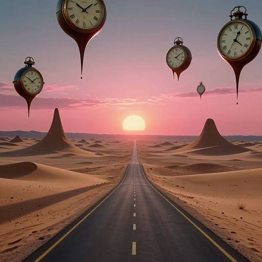Surreal photograph of a desert road leading to a sunset, with floating clock balloons overhead, dune-like mountains on either side.