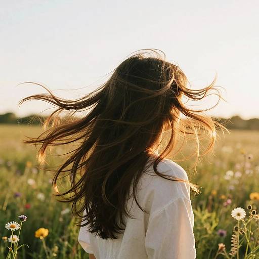 Photograph of a woman with long brown hair blowing in the wind, wearing a white blouse, standing in a sunlit meadow of colorful wildflowers