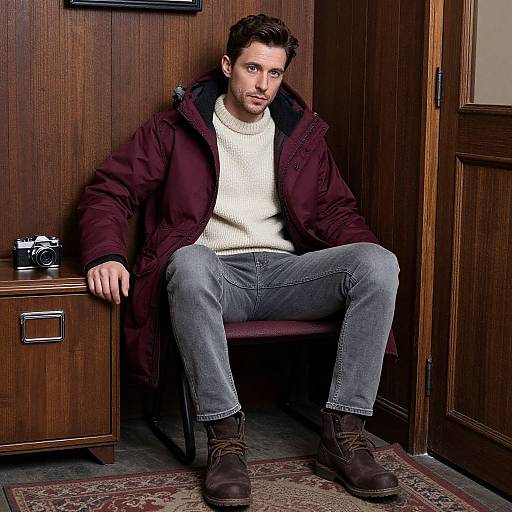Photograph of a young white man with short brown hair, wearing a white sweater, maroon coat, blue jeans, and brown boots, sitting on