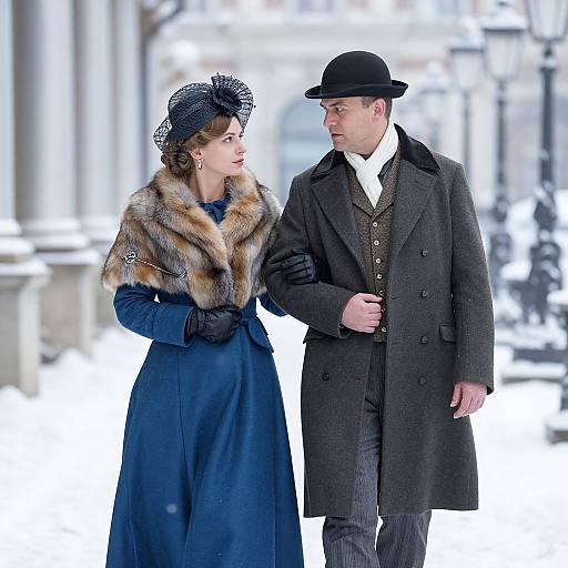 Vintage photograph of a Winter scene: Elegant woman in blue dress and fur stole, black hat, holding arm of suited man in black coat and bowler