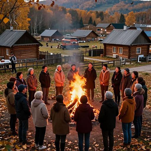 Photograph of a group of 15 people, dressed in autumn coats, standing around a large campfire in a rustic, wooded village during fall,
