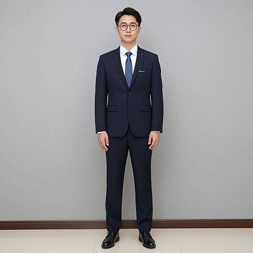 Photograph of an East Asian man in a black suit, white shirt, and black tie, standing against a plain light gray wall. He wears black