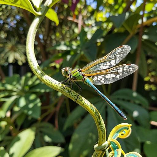 Close-up photograph of a vibrant green and blue dragonfly with translucent, patterned wings, perched on a curved, yellow-green plant stem, surrounded
