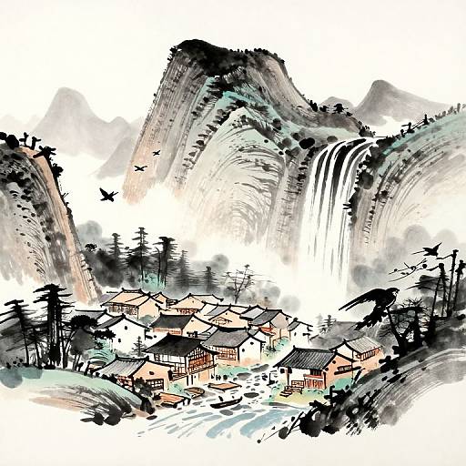 Sumi-e Medieval Village Waterfall