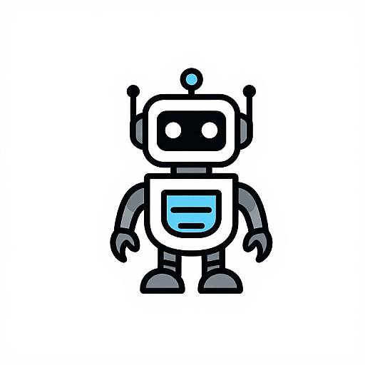 Cartoon-style digital drawing of a simple, white, robot with black eyes, blue chest panel, and gray arms and legs.