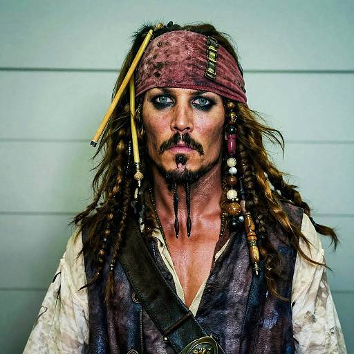 Photograph of a grimy, intense-eyed pirate with long, braided brown hair, red bandana, mustache, dark eye makeup, white