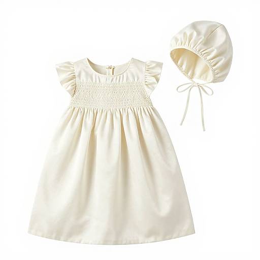 Photograph of a cream-colored, short-sleeved, satin children's dress with a gathered waist and matching puffed cap with a tied bow.