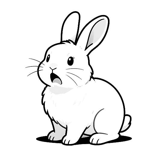 Black-and-white digital line drawing of a cute, surprised rabbit with large ears and simple, expressive eyes, sitting on a shadowed base.