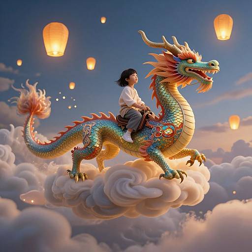 Digital art: Asian man in white robe rides vibrant, colorful dragon on cloud, surrounded by floating paper lanterns in twilight sky.