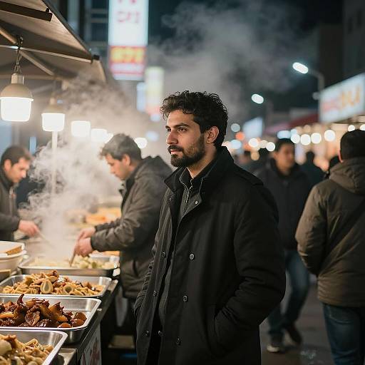 Man at Night Market with Steam and Food Stalls