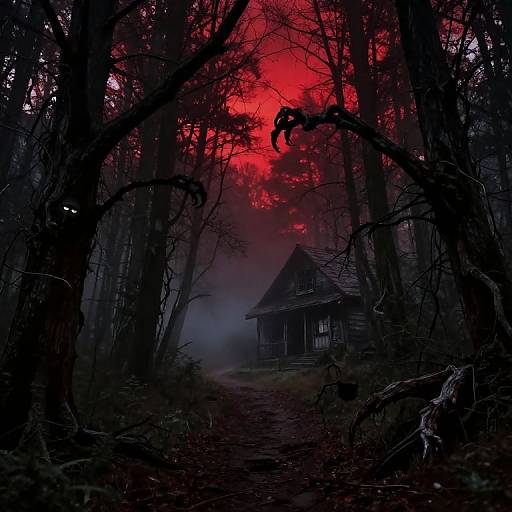 Photograph of a dark, eerie forest with a haunted, dilapidated wooden house at the center, silhouetted against a vivid, blood