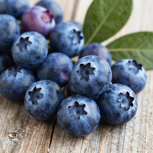 Close-up photograph of fresh blue plums with star-shaped indentations, green leaves, and wooden surface background, showcasing vibrant colors and textures.