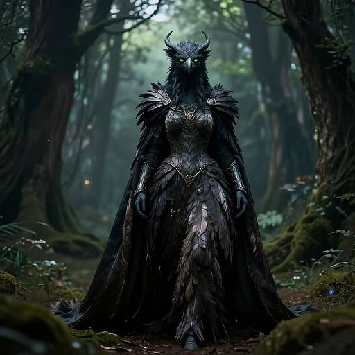 Digital artwork of a mysterious, dark-feathered, horned forest creature with glowing eyes, standing in a misty, enchanted forest.