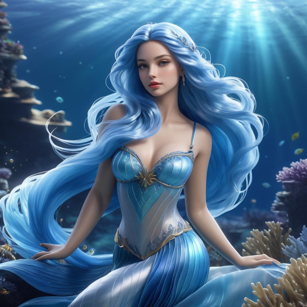 Lifelike Mermaid with Flowing Blue Hair