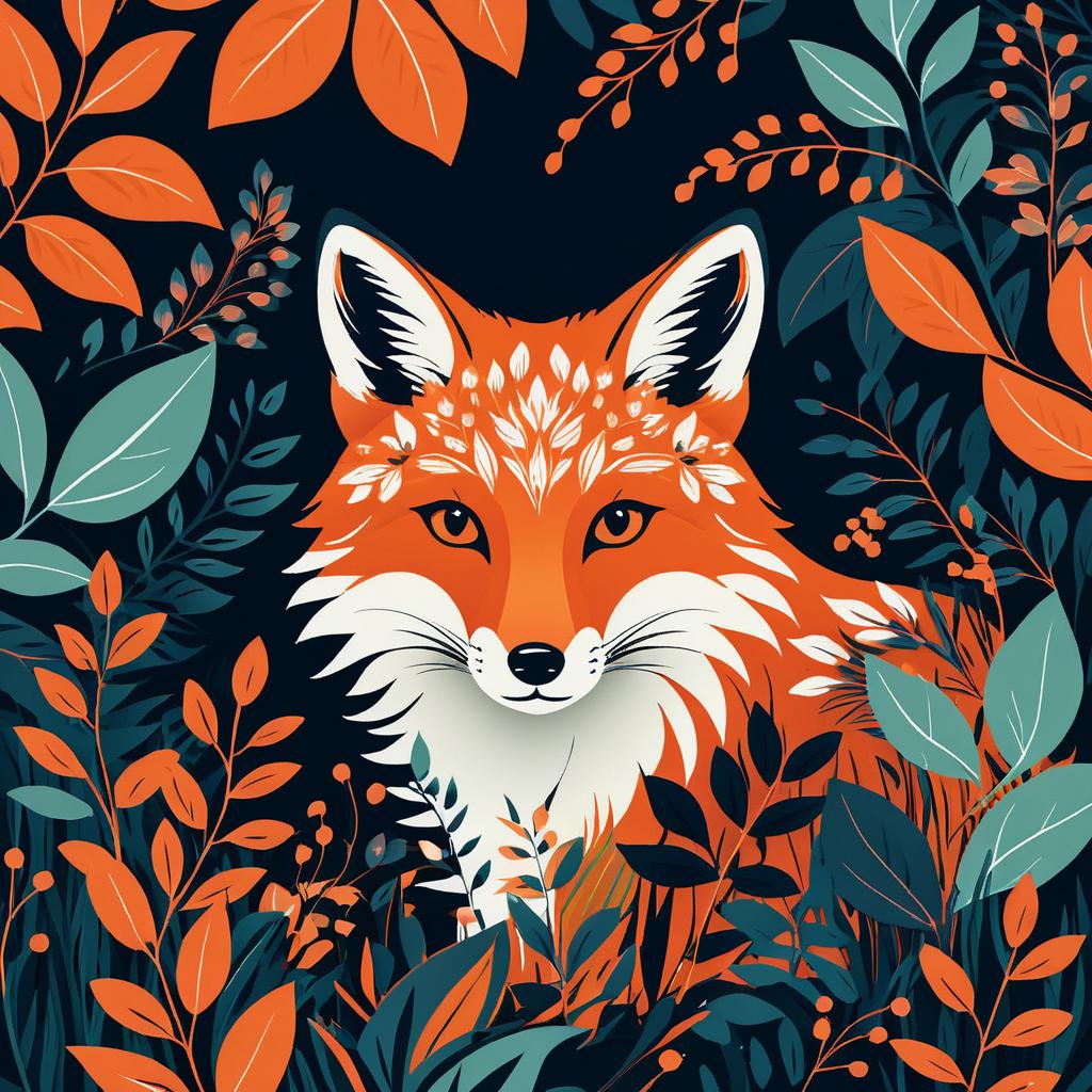 Curious Fox in Floral Bushes Design