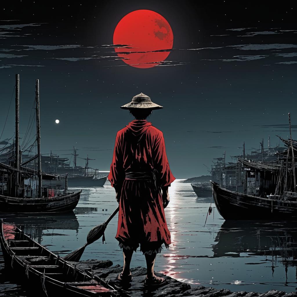 Haunting Fisherman Beneath a Blood-Red Moon