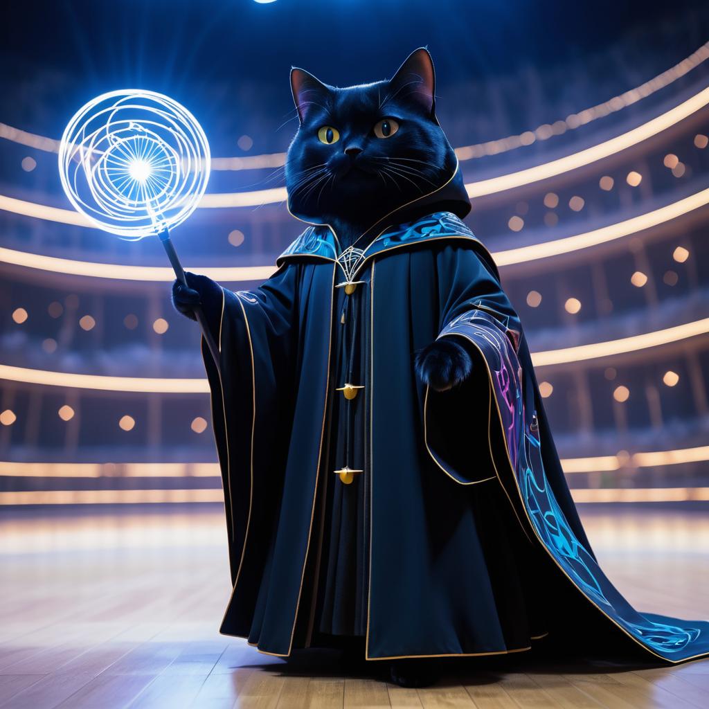 Cinematic Wizard Cat in Arena