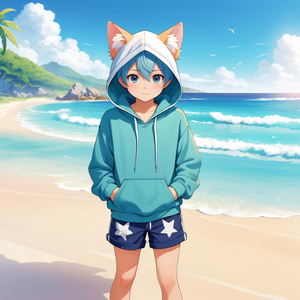 Charming Cat Boy at the Beach