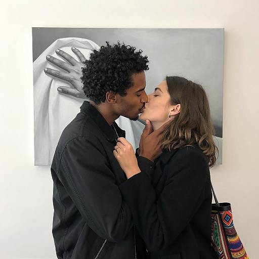 Couple Kissing in Front of Monochrome Painting