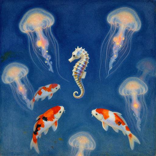 Digital painting of a blue underwater scene with a white seahorse surrounded by five colorful koi fish and six translucent jellyfish.