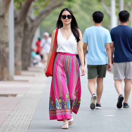Woman in Pink Block-Printed Skirt Outdoors