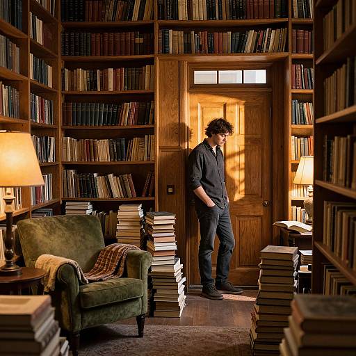 Photograph of a man with curly hair in dark clothes standing in a warmly lit, wooden bookshelf-filled library, surrounded by stacked books and lit lamps