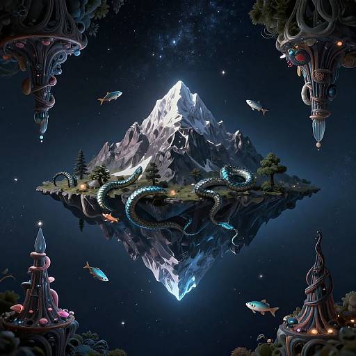 Digital fantasy artwork of a luminous mountain island with a glowing serpent, surrounded by floating fish and ornate, flower-adorned pedestals under a