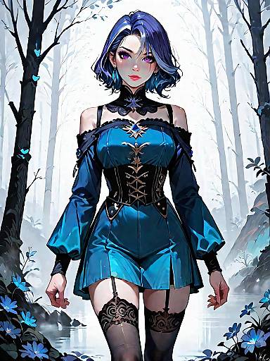 Dark Fantasy Woman in Midnight Blue Velvet Bodysuit