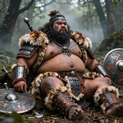Photorealistic CGI of a muscular, bearded Viking warrior with fur-trimmed armor, tattoos, and round shields, sitting in a misty