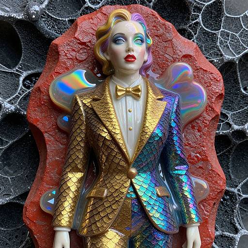 Photograph of a colorful, porcelain doll with iridescent wings, gold sequined suit, and red lips, set against a textured black and red