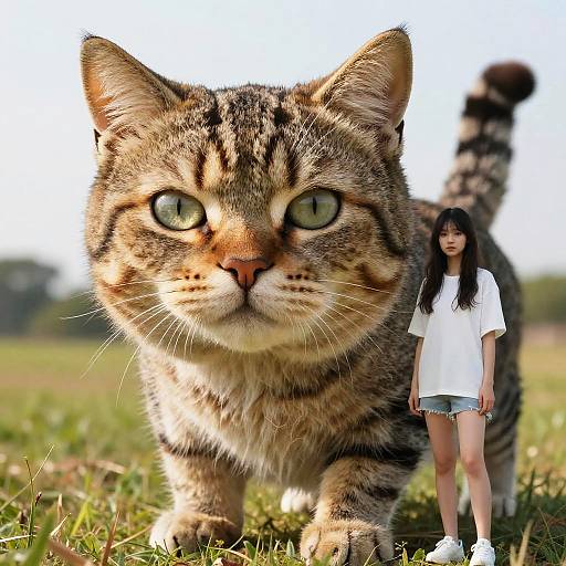 Photograph of a large, striped tabby cat with green eyes in the foreground, and a young Asian woman with long black hair in a white shirt