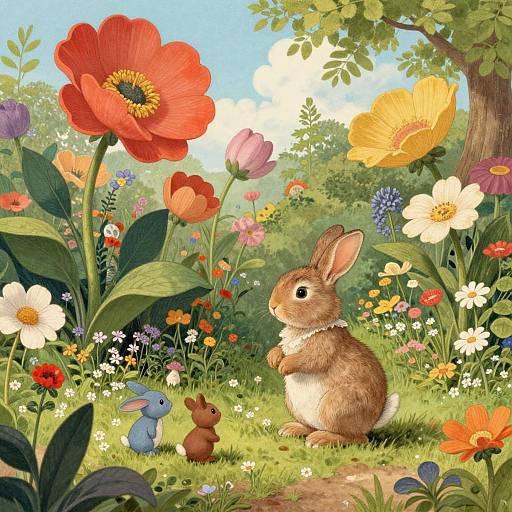 Digital illustration of a whimsical garden scene with a brown rabbit, blue bunny, and red flower, surrounded by colorful blooms and greenery.