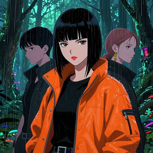 Digital anime-style illustration of three serious-looking characters in a rain-soaked forest. Foreground: black-haired woman in orange jacket, black top; background