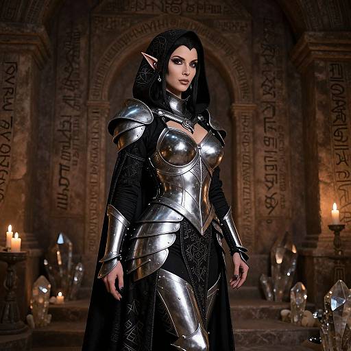 Digital artwork of a dark-haired, elven woman in reflective silver armor with pointed ears, standing in a dimly lit, ancient stone temple with candles