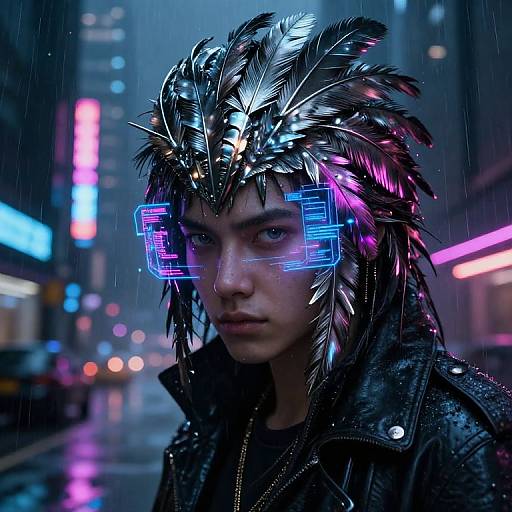 Cyberpunk street scene: androgynous person with metallic feathered headdress, neon blue 