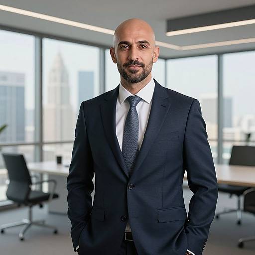 Photograph of a bald, bearded Middle Eastern man in a black suit, white shirt, and blue tie, standing in a modern, brightly lit