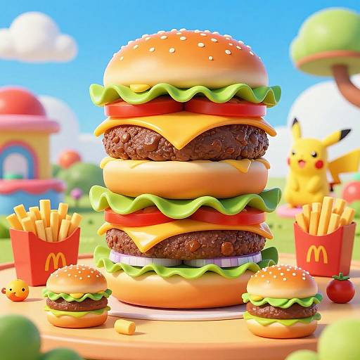 Digital CGI image of a giant stacked cheeseburger with lettuce, tomato, cheese, and buns, surrounded by small fries and burgers. Background includes a