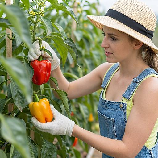 Woman Harvesting Peppers in Garden