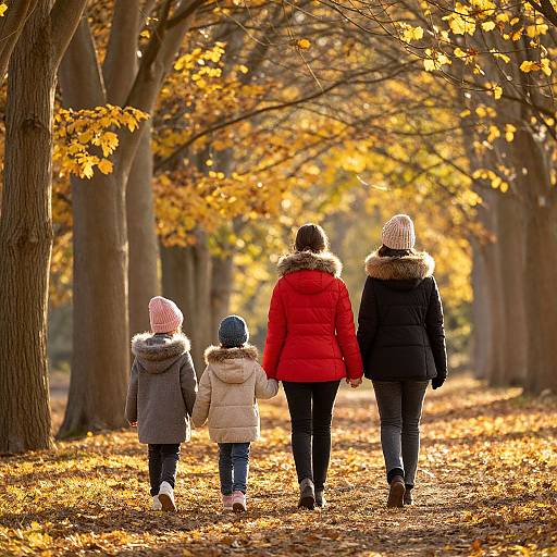 Family Walk in Autumn Sunlight