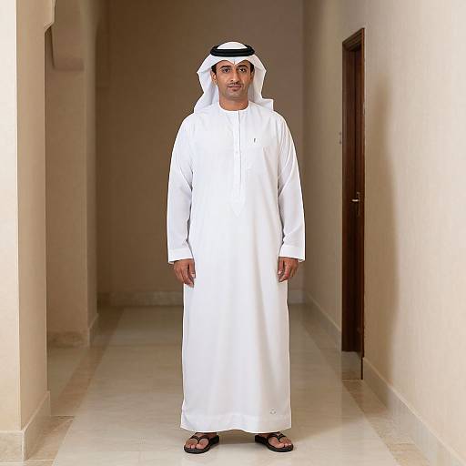 Man Wearing Emirati Thobe in Hallway