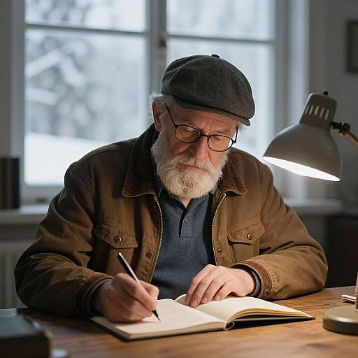 Photograph of an elderly white man with a white beard and glasses, wearing a flat cap and brown jacket, writing in an open book under a desk
