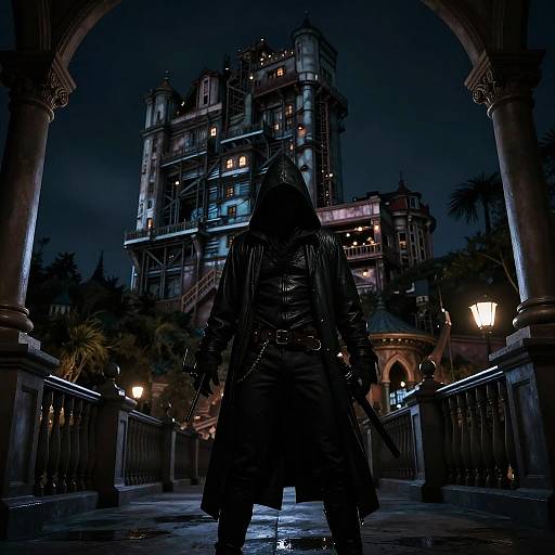Gothic hooded figure in dark cloak stands shadowed under archway, facing eerie, illuminated Gothic-style building at night. Digital art.