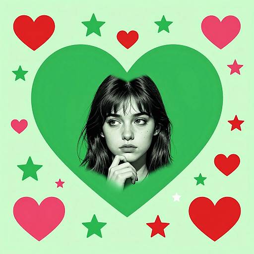 Digital art: Black-haired woman with thoughtful expression, finger on chin, in green heart; surrounded by red and green hearts, stars.