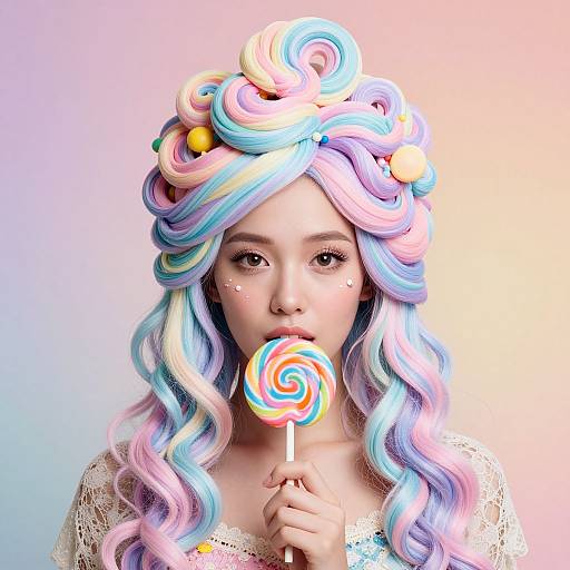 Digital artwork of a fair-skinned woman with pastel rainbow hair, holding a colorful swirl lollipop, wearing a lace top, against a gradient pink