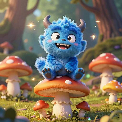 CGI image of a cute, blue, fluffy, horned monster sitting on a red mushroom in a sunlit forest with sparkling mushrooms and trees in