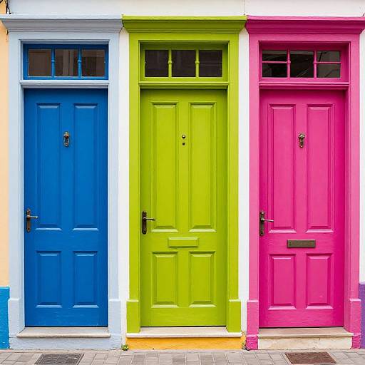 Photograph of three vibrant doors side-by-side: left blue, center lime green, right hot pink, each with metal handles and mailboxes.