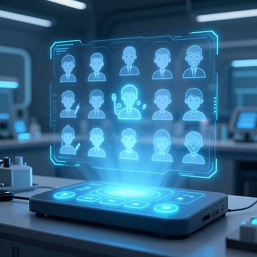 Neon-blue holographic display of 12 face profiles over a glowing laptop, set in a futuristic, dimly-lit tech lab.